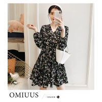 [OMIUUS] ชุดเดรสขนาดใหญ่หลวม,ชีฟองอ้วนแขนยาวดอกไม้มม.,ยาวปานกลาง,คอวีหลวม,ปิดหน้าท้อง,กระชับสัดส่วนสำหรับหญิงตั้งครรภ์