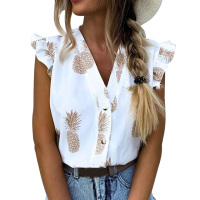 2020 New Summer Women Casual Blouse Elegant Vacation Sleeveless Top Female Holiday Shirt Pineapple Print Flutter Sleeve