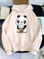 Female Hoodie Cute Panda Drinking Milk Tea Printing Sweatshirt Woman O-Neck Sport Oversize Top Winter Kawaii Animal Lady Sweater Size Xxs-4Xl