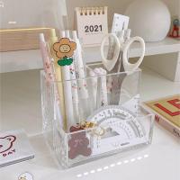 Ins Style Transparent Acrylic Square Three Grid Pen Holder Storage Rack Large Capacity Desk Pencil Rack School Office Stationery