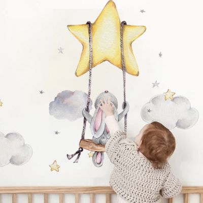 【LZ】▲♧  Bunny Baby Nursery Wall Rabbit Swing on the Stars Decor Stickers Lovely Cartoon Decals for Kids Room PVC Removable Stickers DIY