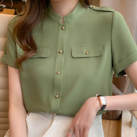 Summer Short Sleeve Blouse Womens Stand Collar Chiffon Blouse Shirt Womens Tops Women Blusas Mujer De Moda 2022 Shirts Blouses Femme F. 755