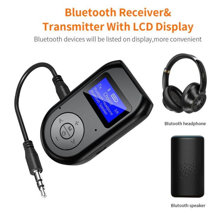 bluetooth-5-0-audio-transmitter-receiver-3-5mm-jack-aux-wireless-audio-adapter-lcd-display-with-mic-for-tv-speaker-car-stereo