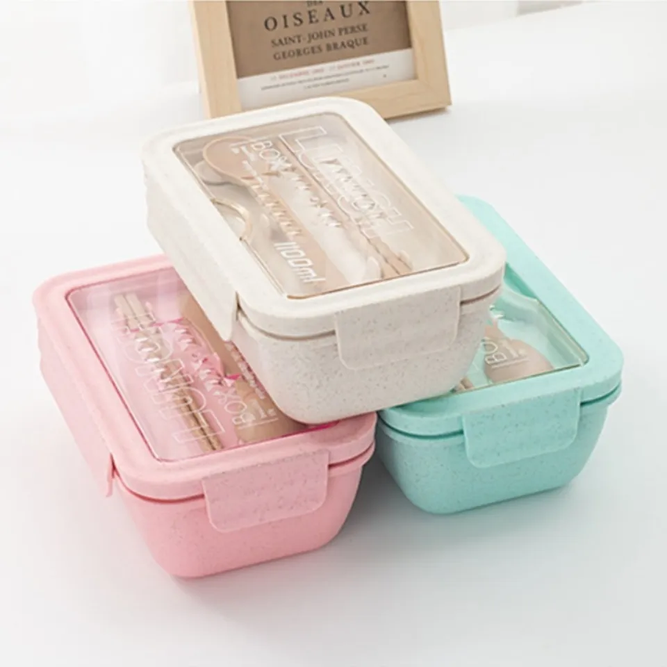 850/1100Ml Wheat Straw Lunch Box with Spoon Chopsticks Microwave