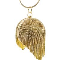 Boutique De FGG Rhinestones Tassels Women Crystal Clutch Gold Round Ball Bag Party tail Dinner Wristlets Purses and Handbags