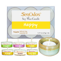 SenOdos Emotional Scented Soy Candles Aroma Happy (กลิ่นแห่งความสุข) เทียนหอมอโรม่า เทียนสปา ฤ(แพ็ค 6 ชิ้น) + เชิงเทียน ที่วางเทียนทีไลท์ ศิลาดล (เซลาดล) สีเขียวหยกขอบทอง