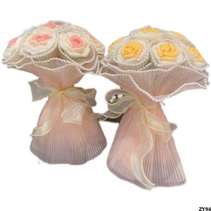ดอกทานตะวัน-diy-กระเป๋าแฮนด์เมดทำด้วยผ้าขนสัตว์ถักช่อดอกไม้แฟนวัสดุกุหลาบโครเชต์ของขวัญวันวาเลนไทน์ไล่ระดับสี