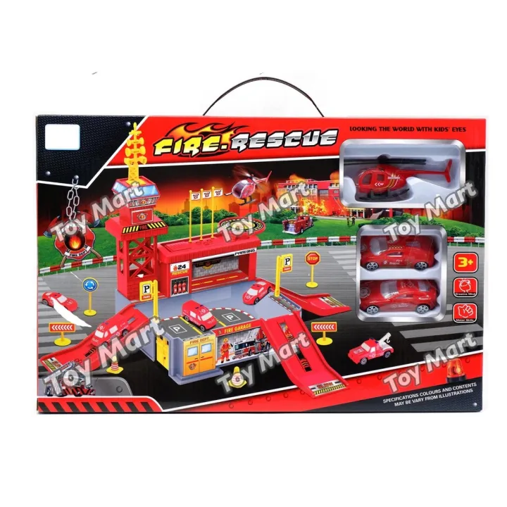 NEW Fire Rescue City Parking Garage with Helipad 2 Cars Helicopter