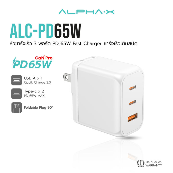 สินค้าใหม่-alpha-x-หัวชาร์จเร็ว-alc-pd65w-adapter-fast-charger-จ่ายไฟ-pd65w-รับประกันสินค้า-1-ปี