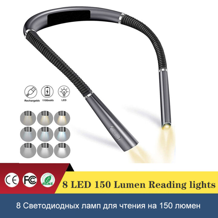 Rechargeable Hanging Neck Light Flexible Reading Light 3 Colors 8 LED Book  Light for Reading Knitting Camping Repairing Running