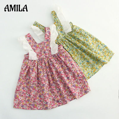 AMILA ชุดเดรสผ้าฝ้ายลายดอกไม้สำหรับเด็กผู้หญิง,ชุดเดรสเด็กผู้หญิงสไตล์ฝรั่งเศส
