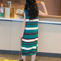 【Ready】? Girls summer ice silk knit dress big childrens sleeveless long skirt little girls vest skirt childrens striped skirt