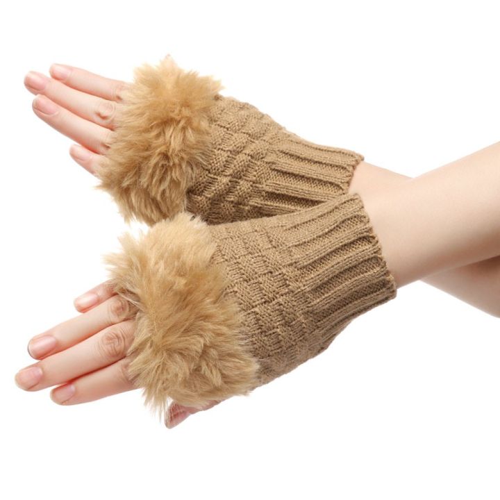 pocha511ผู้หญิงหญิงสาวครึ่งนิ้วเก็บนิ้วฤดูหนาวอบอุ่นถุงมือหนาขนกระต่ายเทียมถุงมือถักอบอุ่น