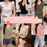 DD SHOPพร้อมส่ง 51099 เสื้อไหมพรมคอวีแขนกุด ดีเทลรูดข้างๆ ปรับสั้นยาวได้ -C