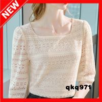 qkq971 Korean Style Lace Shirt Womens Hollow y Blouse Autumn Square Collar 34 Sleeve Tops