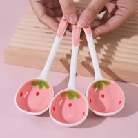 Creative Strawberry Ceramic Soup Spoon Cute Korean Ice Cream Hand Painted Coffee Dessert Long Handle Spoon Kitchen Accessories Serving Utensils