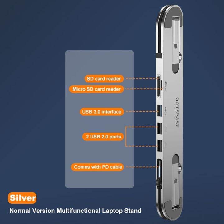 oatsbasf-แหล่งรวม-usb-3-0ขาตั้งแล็ปท็อปแท่นวางมือถือสำหรับ-macboock-100w-pd-ถ่ายโอนข้อมูลชาร์จเร็วแบบ2-in-1ตัวจับแผ่นเหล็กแบบตั้งโต๊ะ
