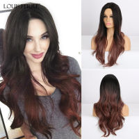 LOUIS FERRE Long Black Brown Red Ombre Synthetic Wigs for Black Woman Natural Wavy Middle Part Cosplay Wig Heat Resistant Fibre Gift ของขวัญ