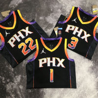 Hot Pressing Custom Authentic Jersey 2022-23 Mens Phoenix Suns Devin Booker &amp; Chris Paul &amp; Deandre Ayton Black Swingman Jersey - Statement Edition