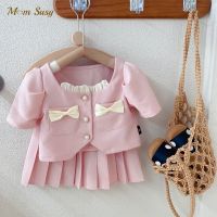 ☫ Baby Girl Elegant Clothes Set Short Sleeve Jacket Pleated Skirt 2PCS Summer Toddler Vintage Pink Outfit Baby Clothes 2-10Y