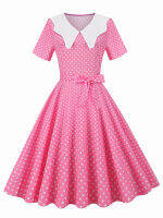 KKPolka Dot ชุดเดรสวินเทจฤดูร้อนผู้หญิงแขนสั้นลำลอง Midi Sundress er Pan Collar เอวสูง A Line Vestidosq11