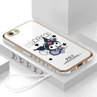 Serpens สำหรับ OPPO A59 F1S ฟรีสายคล้องการ์ตูนน่ารัก Kuromi เด็กสาวปลอกลวดลายขอบสี่เหลี่ยมที่น่ารักชุบเคสโทรศัพท์เคสโทรศัพท์นุ่มหรูหรา