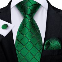 2022 New Green Plaid Striped Paisley Silk Tie Set Handkerchief Cufflinks Gifts For Men Wedding Party Men Accessories Necktie