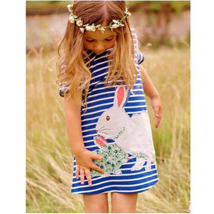 cute-toddler-kids-girls-dress-bunny-stripe-summer-casual-short-sleeve-sundress