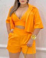 ✎○ Casual Suit Set 3Pcs Crop Top amp; Shorts Set with Shirt Short Sleeve Plain Pocket Design Summer Above Knee Women 39;s Short Sets