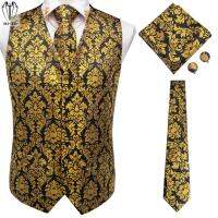 Hi-Tie Silk Mens Vests Gold Floral Jaquard Waistcoat Tie Hankerchief Cufflinks Collar Pin Set for Men Dress Suit Wedding Work XL