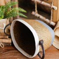 Handmade Sea Blue Bottom White Edge Flower Pot Binaural Woven Basket Rattan Storage Basket