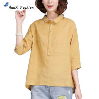 HuaX Women Cotton Linen T Shirt Summer Three Quarter Sleeve Lapel Blouse