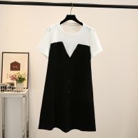 【มีไซส์ใหญ่】Plus Size Womens Short Sleeve Patchwork Summer Dress Fashion Black White Female Mini Dresses Casual Vintage Vestidos