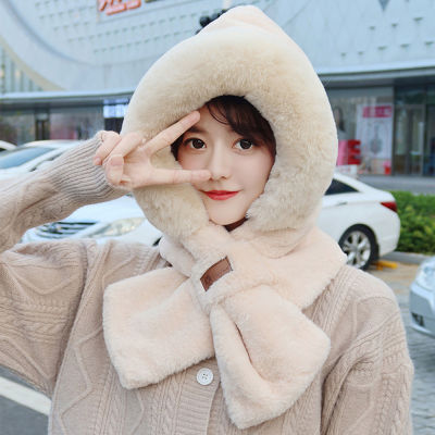 Cotott Faux Rabbit Fur 2 in 1 Hat Scarf Female Winter Thickened Warm Windproof Hooded Scarf Neck Warmer Ear Protection Hats