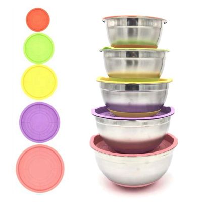 7 Colors Stainless Steel Mixing Bowl With Lid Home Kitchen Egg Mixer Salad Bowls Non-slip Silicone Bottom Food Storage Bowl Set