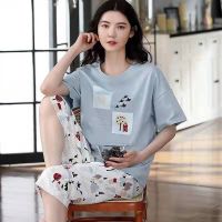 【LZ】❅  Pijamas de verão das mulheres curtas-calças cortadas calças de mangas compridas em torno do pescoço de impressão das meninas primavera e no outono estilo alargamento desgaste casa terno