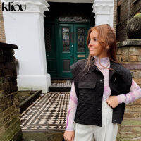 Kliou Plaid Solid Sleeveless Vest Women Autumn All-matching Casual Top Outwear Female Concise High Street Light Coat With Pocket