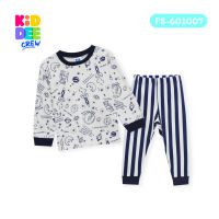 KiddeeCrew ชุดนอนเด็กครีมกุ้นคอน้ำเงิน กางเกงริ้วเน้ำเงิน  blue neck cream pajamas blue striped pantsเหมาะสำหรับอายุ 1-12 ปี