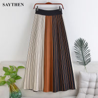 SAYTHEN New High Waist Thin Section Stretch Waist Knitted Fabric Striped Pleated Color Matching Mid-Length Skirt Women