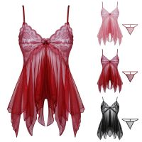 Erotic Lingerie Yarn Mesh Perspective Pajama Sexy V-Neck Lace Suspender Night Dress Women See-Through Nighties With Thong