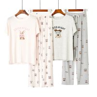 Spring Summer Japan Style Kawayi Women Pajama Sets O-neck Short Sleeve Tshirt Belt Elastic Waist Long Pants Sleepwear 2 Pcs