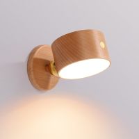 Wood Wall Lamp Modern Wall Sconces LED Wall Lamp Dimmable Touch Control Night Light USB Rechargeable 360°Rotate Bedroom Light