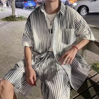 【hot seller】 Handsome Boys and Wear Mens Gradient Striped Short-sleeved Shorts Fashion Two-piece Set