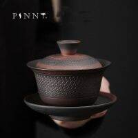 PINNY 220มล. เครื่องปั้นดินเผาสีม่วงวินเทจ Gaiwan เซรามิกกระบวนการถ้วยน้ำชามีสีกังฟูแก้วน้ำกังฟู