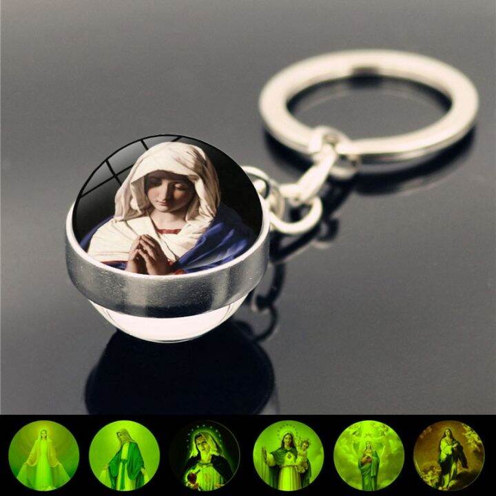 virgin-mary-luminous-keychain-pendant-double-sided-glass-ball-keychain-metal-keyring-luxury-brand-keychain-key-chains