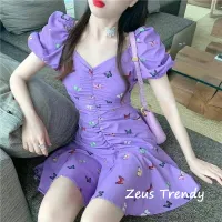 Zeus Trendy เดรส เสื้อผ้าผู้หญิง เสื้อครอปแขนสั้นผ้าชีฟอง แฟชั่นผีเสื้อ เสื้อคอวี สไตล์เกาหลี