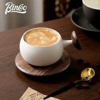 Bincoo ชุดกล่องของขวัญแก้วกาแฟและจานรองขนาด200มล. ถ้วยน้ำเซรามิคเอสเพรสโซ่พร้อมด้ามไม้วอลนัทและจานรองแก้ว Set Sendok ของขวัญสุดสร้างสรรค์