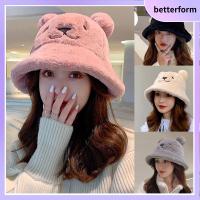 BETTERFORM สำหรับผู้หญิง อบอุ่นและอบอุ่น ฤดูหนาวฤดูใบไม้ร่วงฤดูหนาว หมวกอ่างน้ำ หมวกถังขนสัตว์ หมวกชาวประมงหมวก ตุ๊กตาผ้านุ่ม