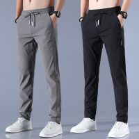 Mens Ice Silk Trousers Solid Color Mid-Waist Loose Breathable Straight-Leg Casual Pants Thin Quick-Drying Sports Pants