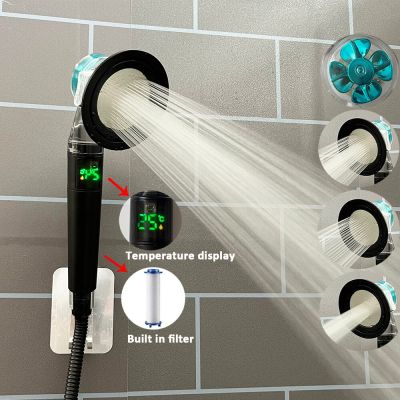 Temperature Display Fan Turbo Propeller Shower Head Filtered High Pressure Water Saving Bathroom Shower Head Bath Accessories Showerheads